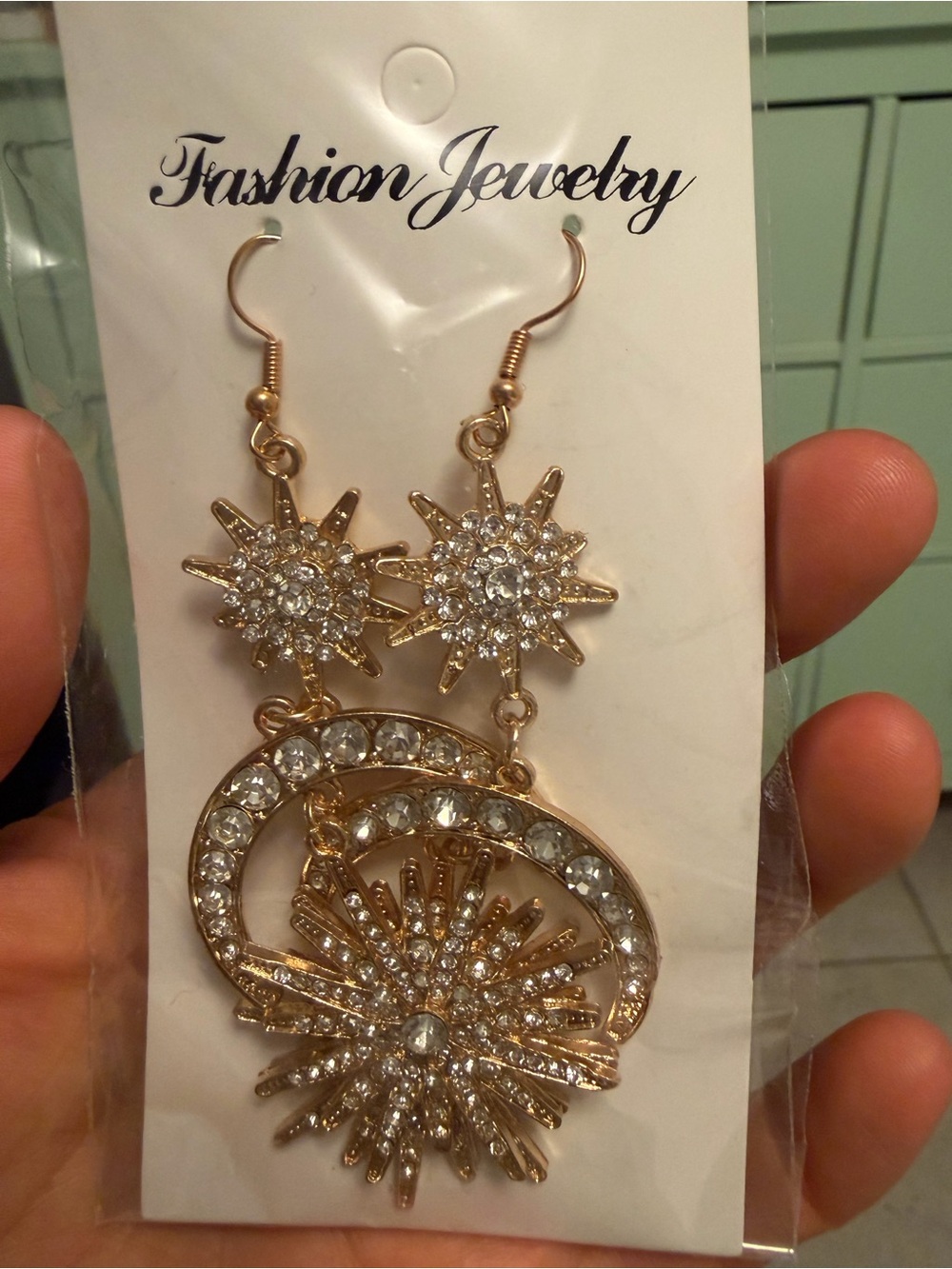 Fashion Jewelry Gold-tone Crystal Starburst Drop Earrings with Crescent Accent